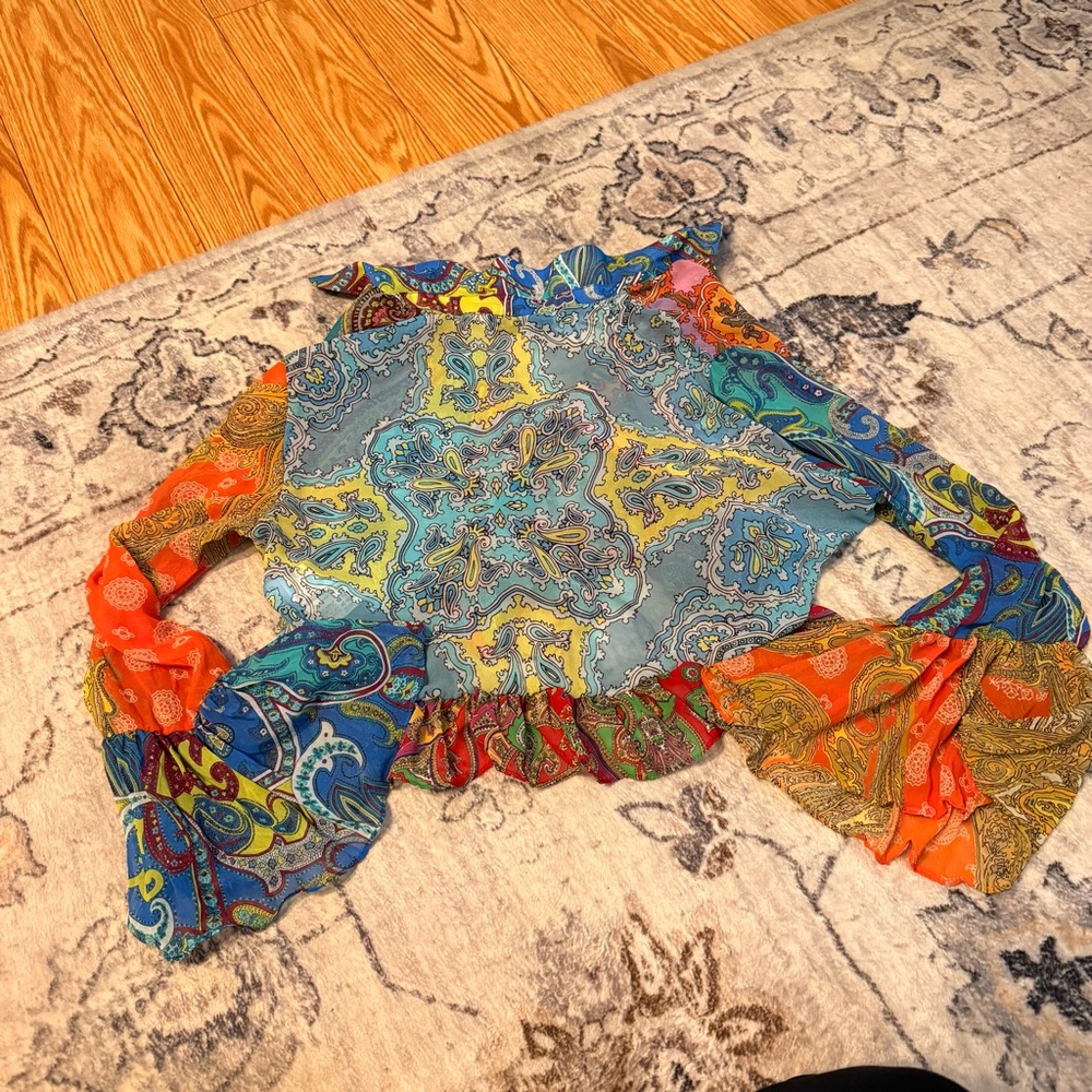 Zara Tied Ruffled Patchwork Boho Blouse - image 4